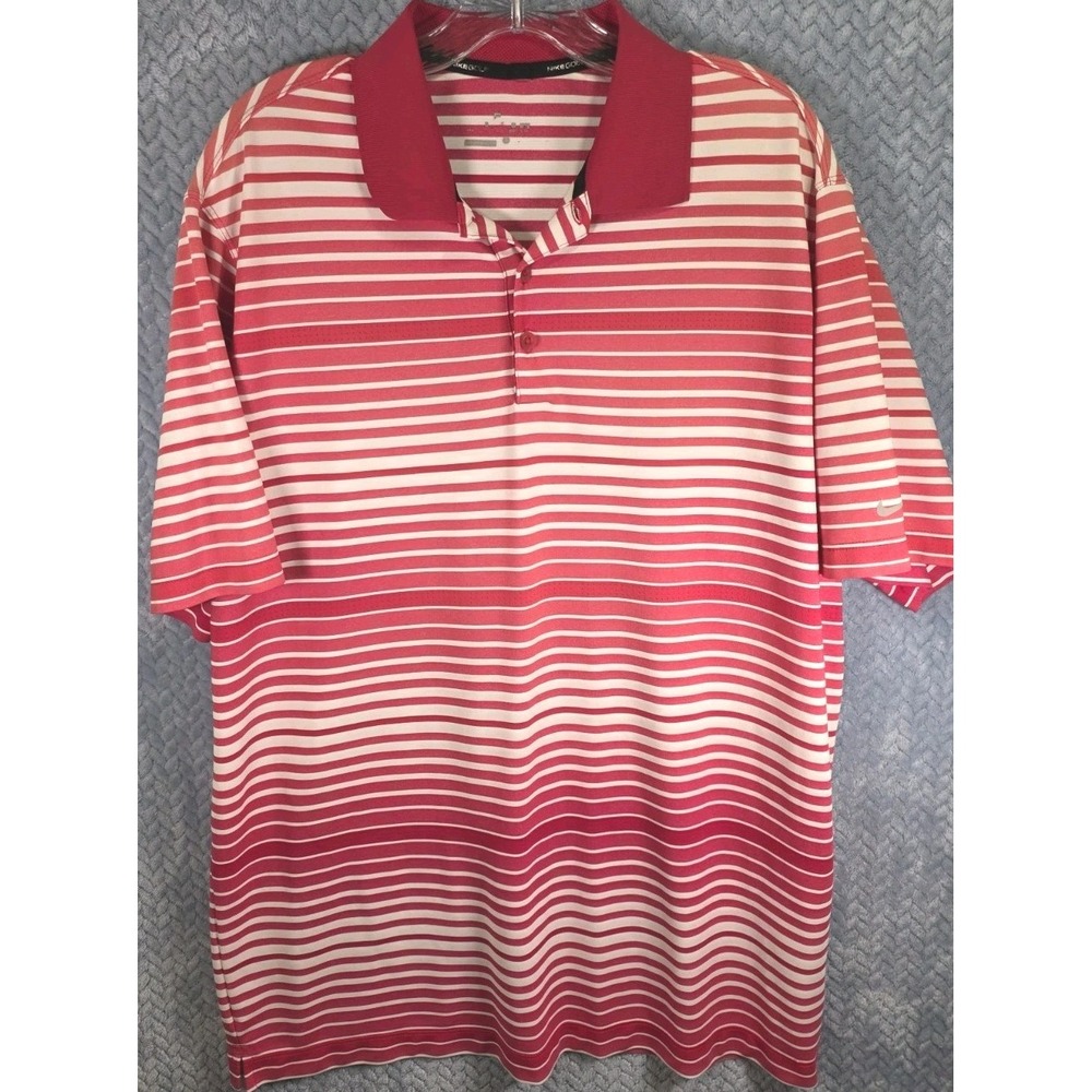 Nike Golf Polos Mens XL Red Striped DriFit Outdoor Performance Gray Swoosh